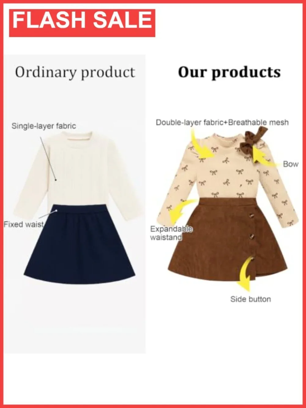Toddler Girl 2-Piece Outfit Cotton Ribbed Bow Sweatshirt Button Skirt Set